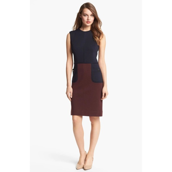 Tory Burch Brianna Sleeveless Colorblock Sheath Dress Navy Burgundy Pockets SZ S